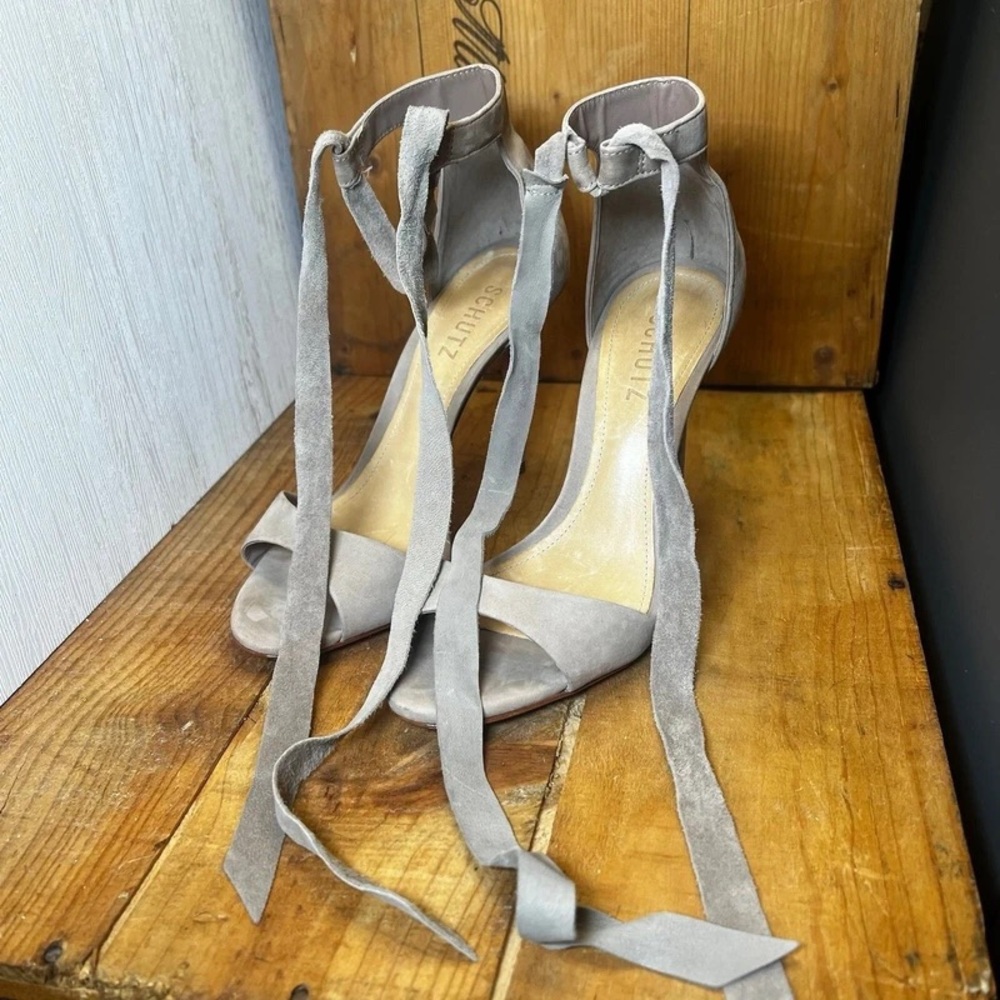 SCHUTZ Taupe Suede Ankle-Tie High Heel Sandals